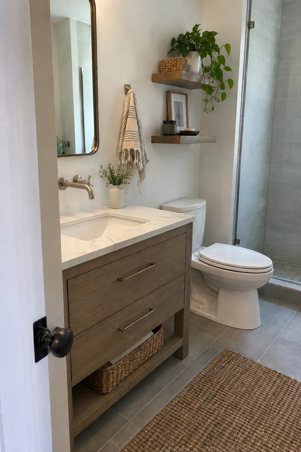 Shallow bathroom vanity with a wall-mounted faucet and clear counter behind the basin