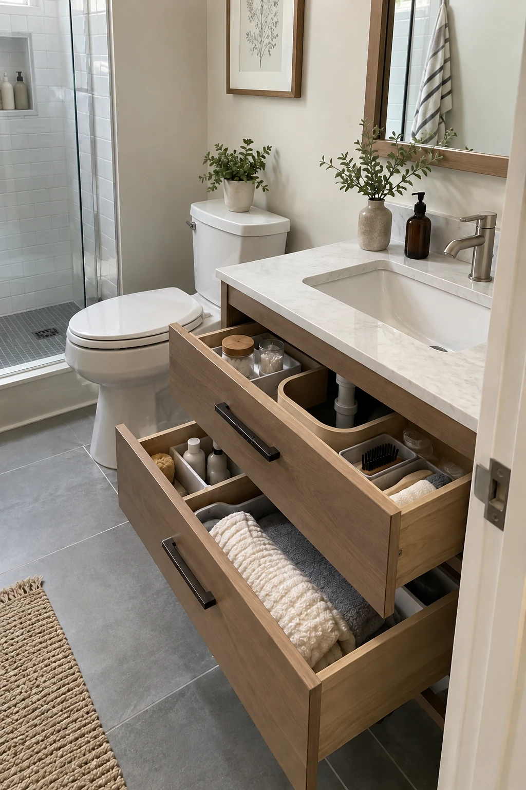 Open bathroom vanity drawers shaped neatly around the sink plumbing