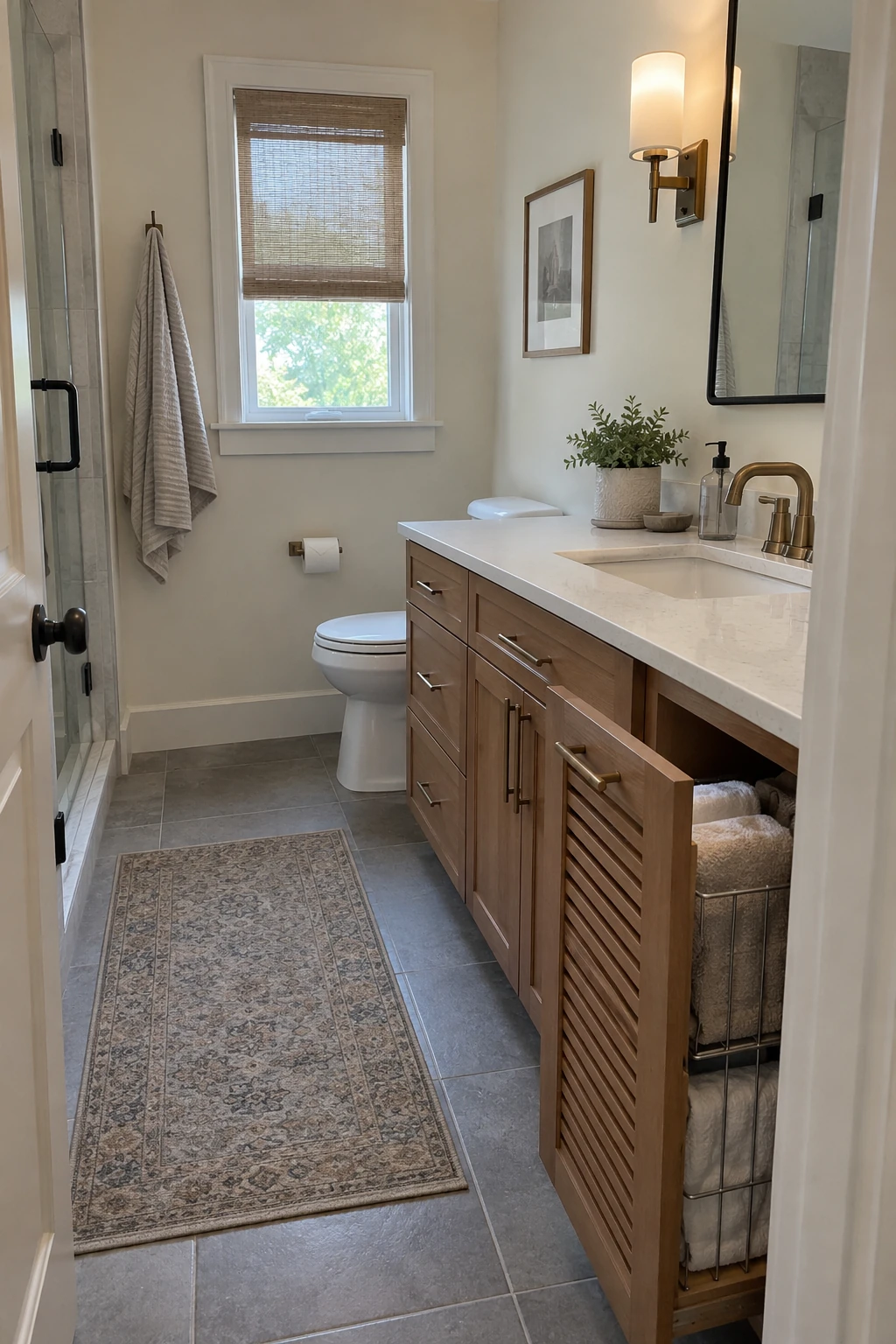 Small bathroom vanity with a narrow ventilated pullout hamper open at one end