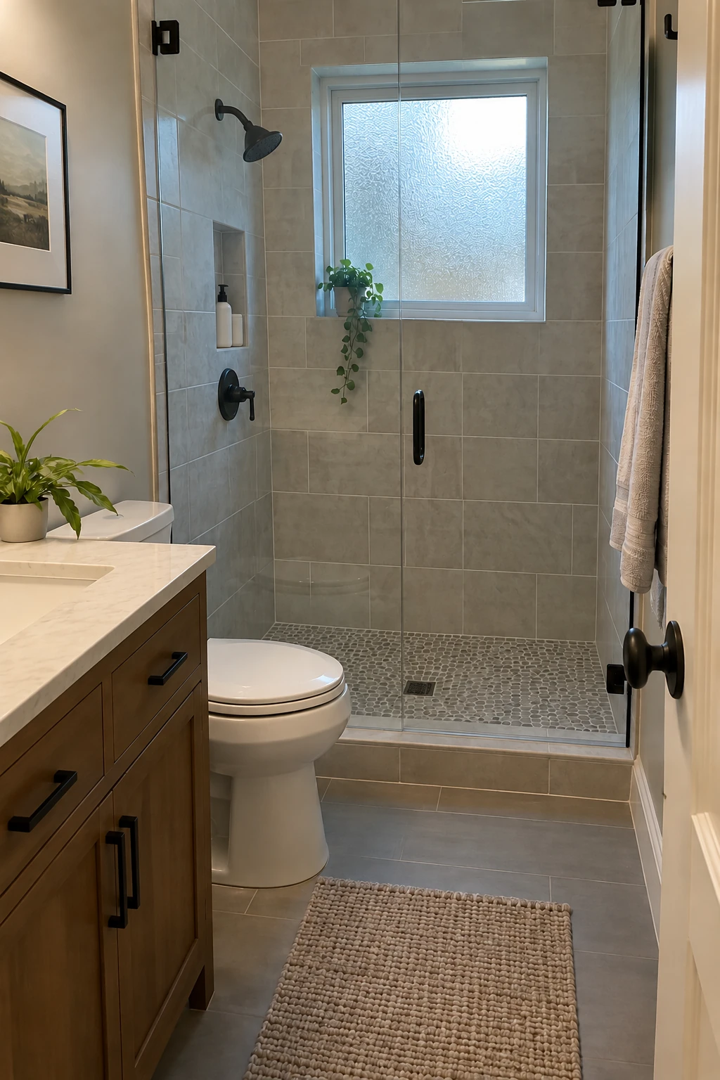 Small tiled shower with a privacy-glass window and waterproof sill