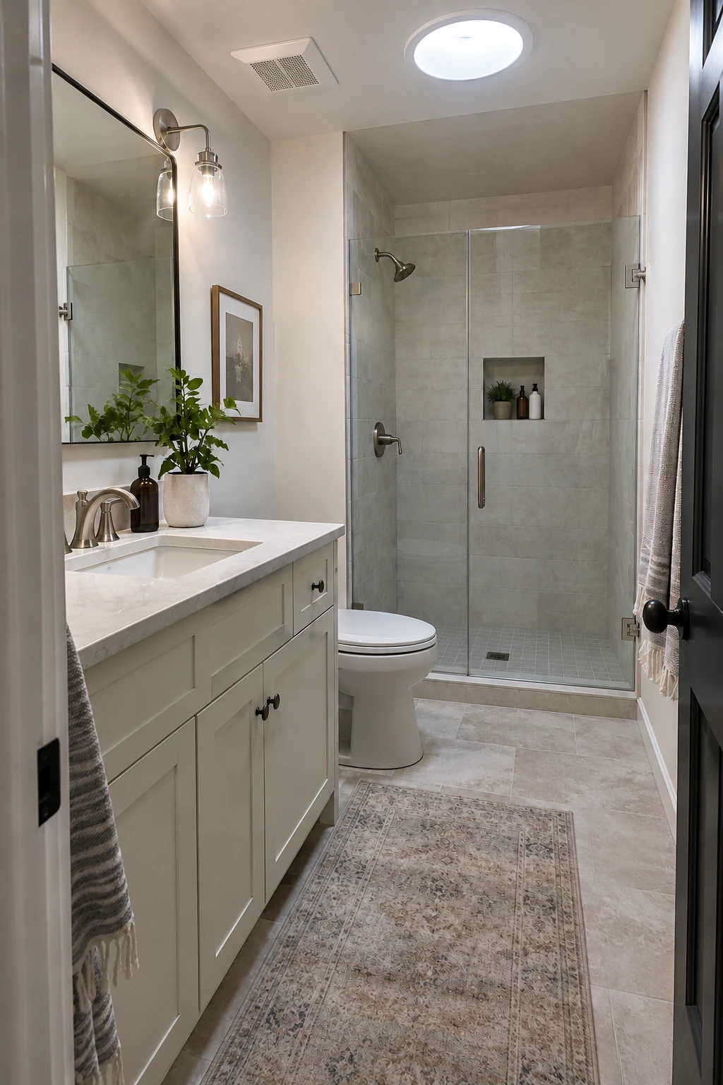 Windowless small bathroom brightened by a round tubular skylight diffuser