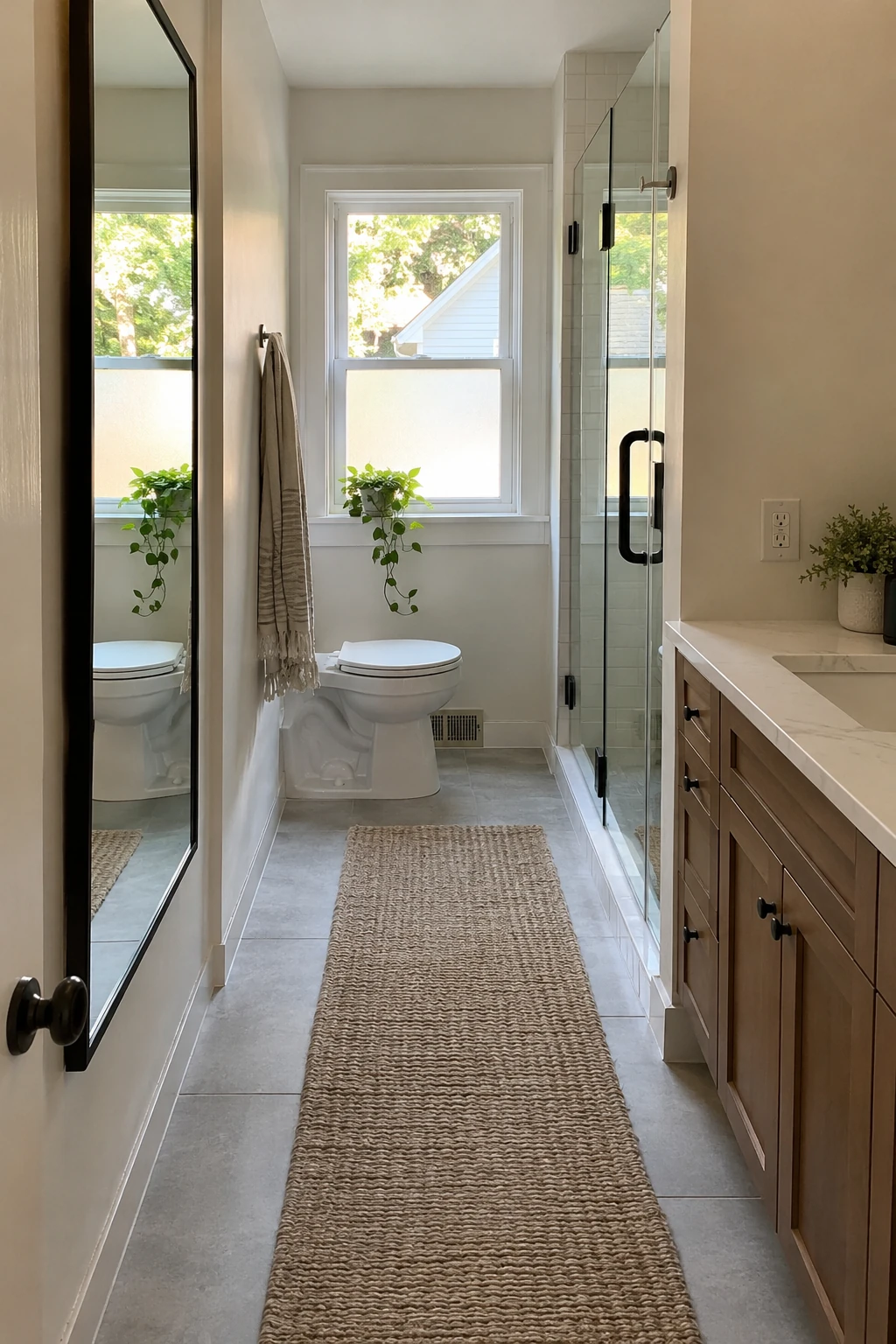 Narrow bathroom with a full-height mirror reflecting daylight from the opposite window
