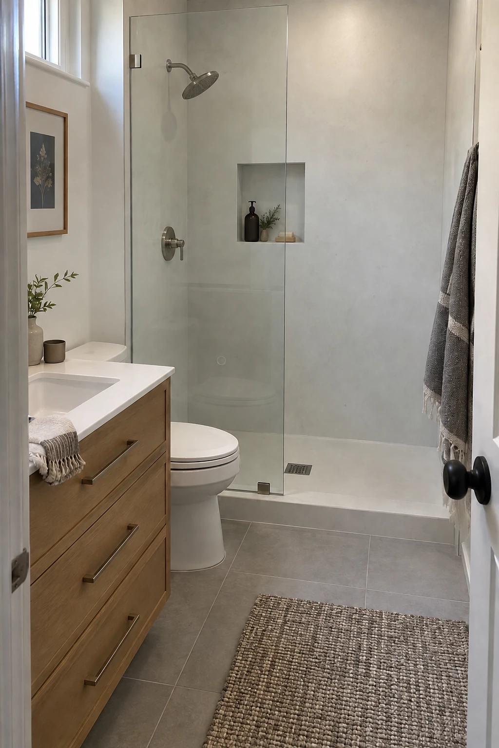 Small shower lined with pale solid-surface wall panels and minimal seams