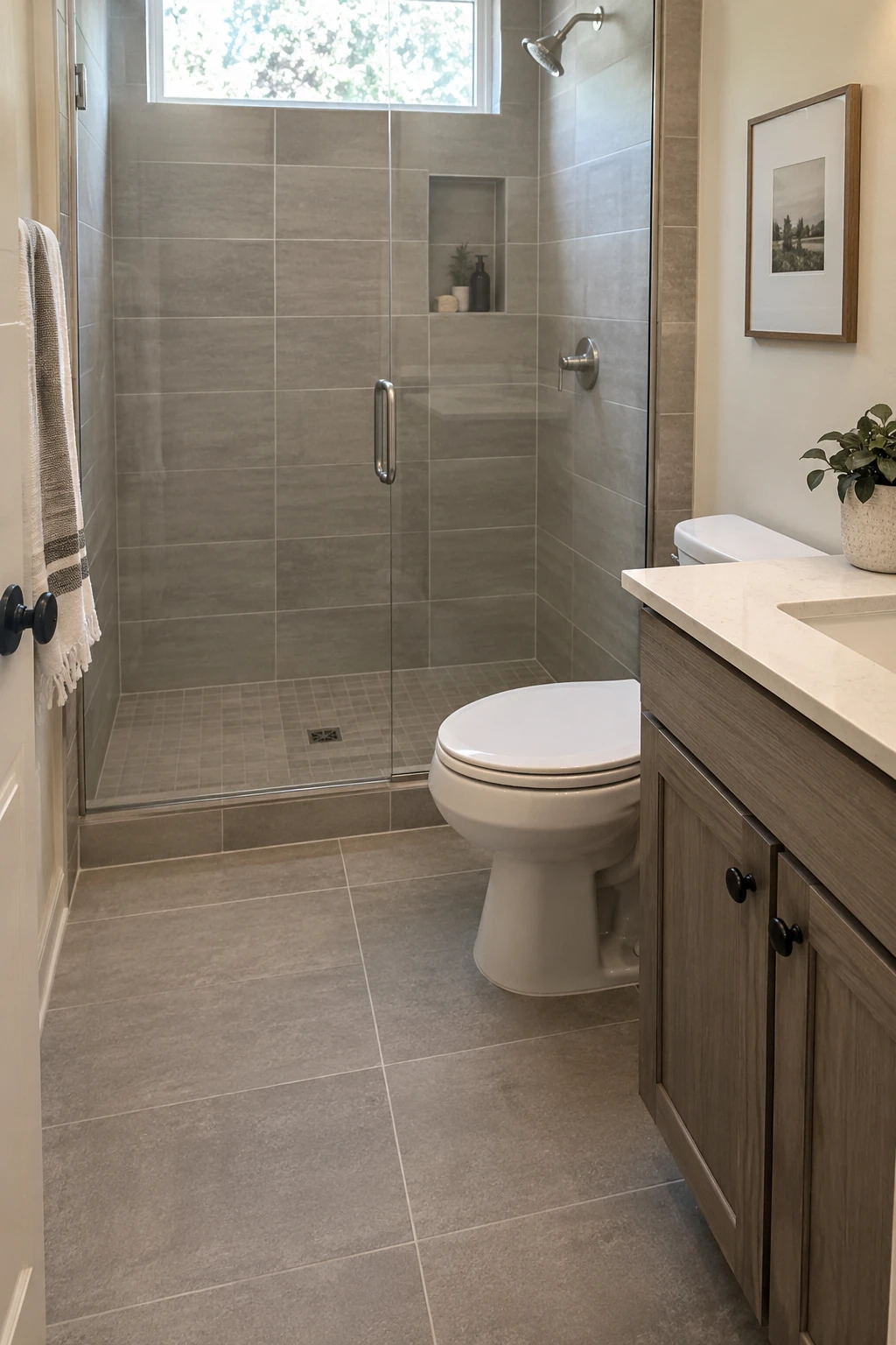 Small bathroom tile installed with even mid-tone grout joints that suit the tile