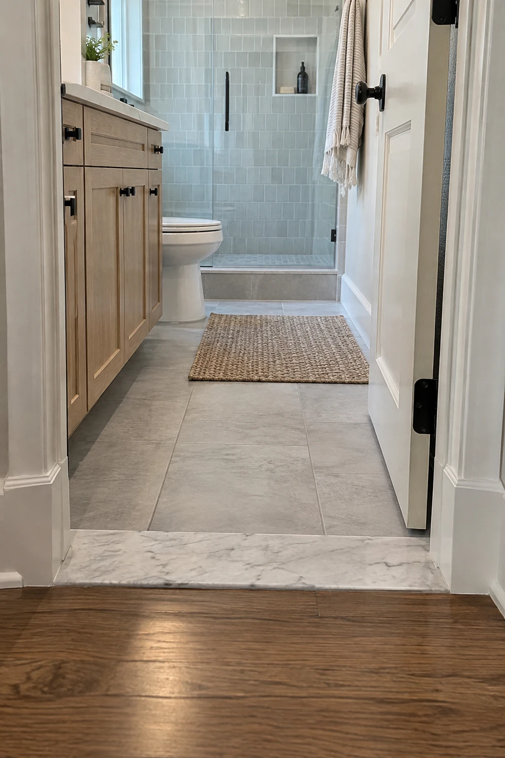 Small bathroom doorway with a neat stone threshold and moisture-resistant baseboards