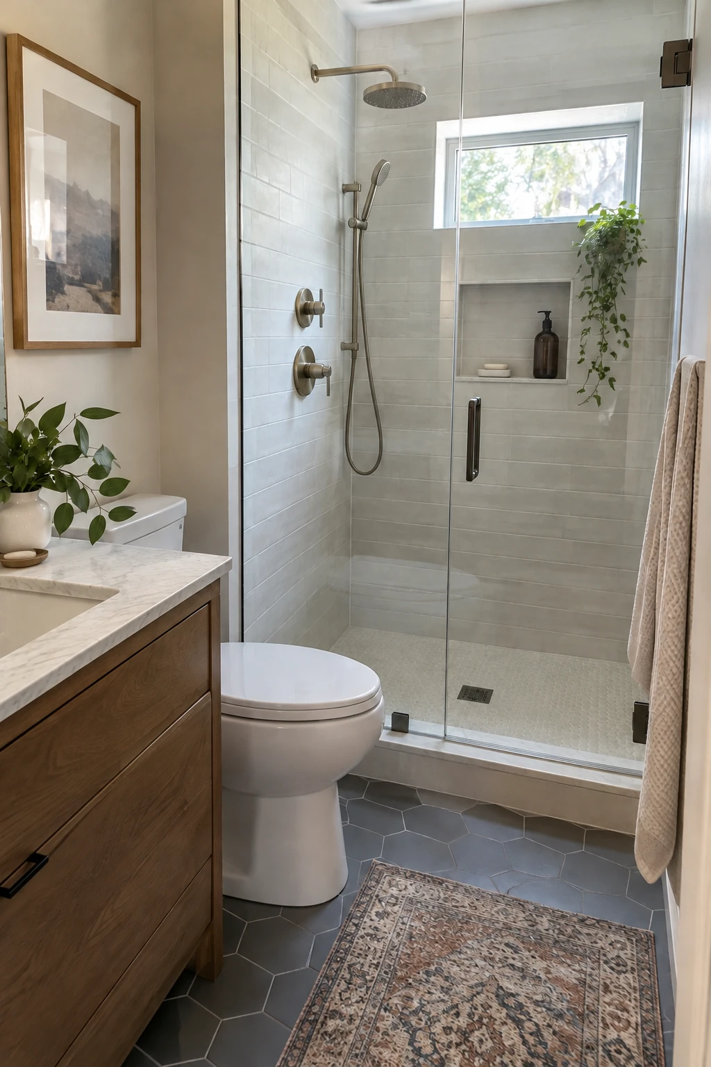 Small shower with separate temperature and volume controls on a clean valve trim