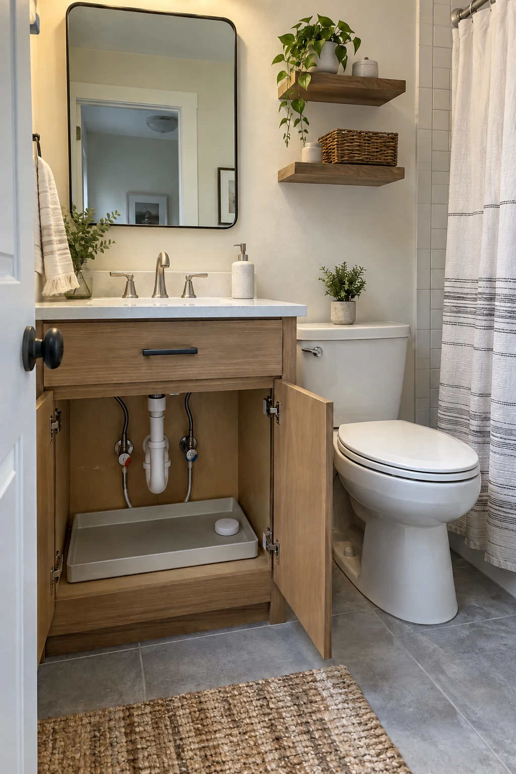Organized vanity cabinet with accessible shutoff valves, leak tray and small sensor
