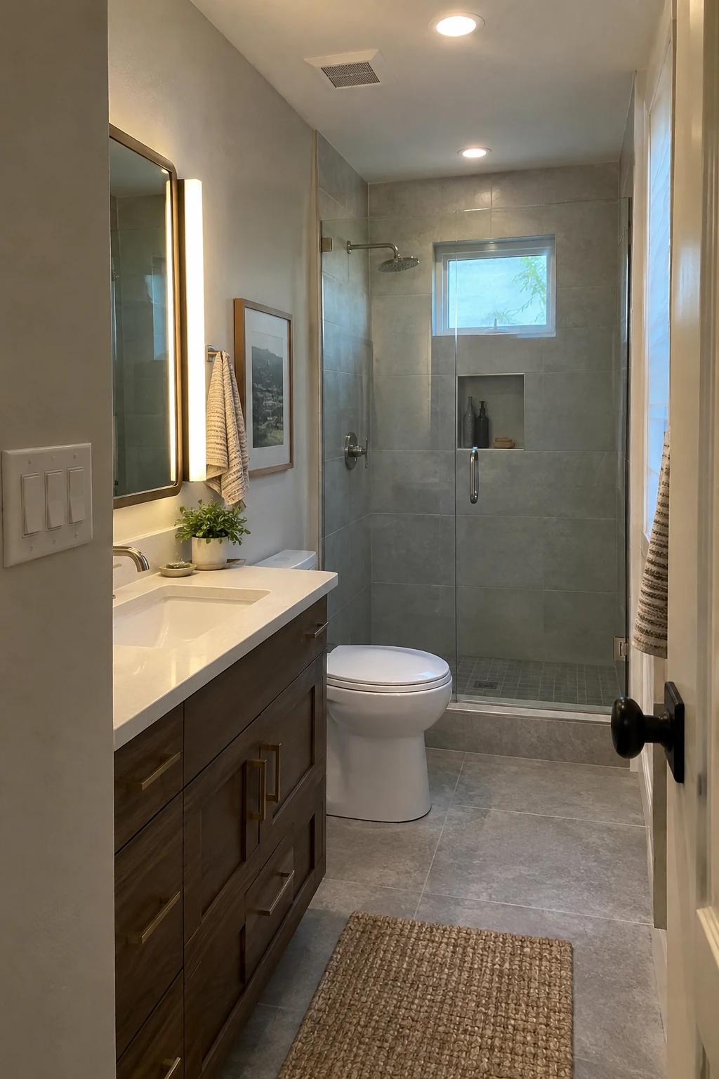 Small bathroom with layered ceiling, vanity and shower lighting on separate dimmers