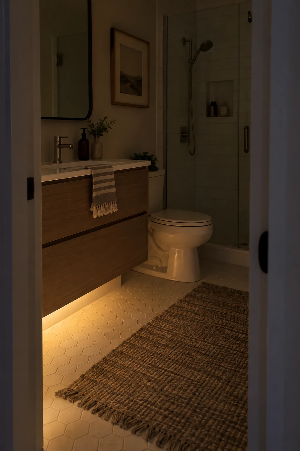 Small bathroom with a subtle low-level night light beneath the floating vanity
