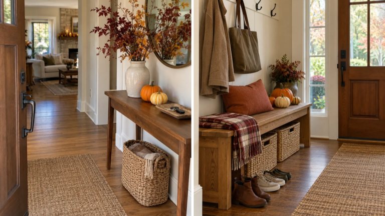 Two welcoming Thanksgiving entryways with a branch-filled console and a plaid bench