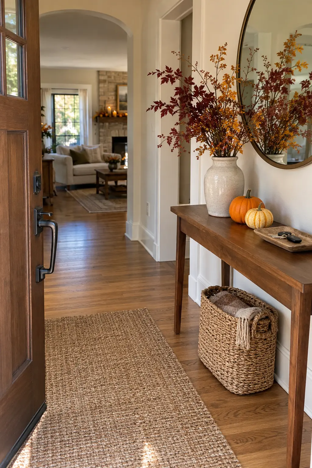 Thanksgiving entryway with a slim console, woven basket, and tall autumn branches