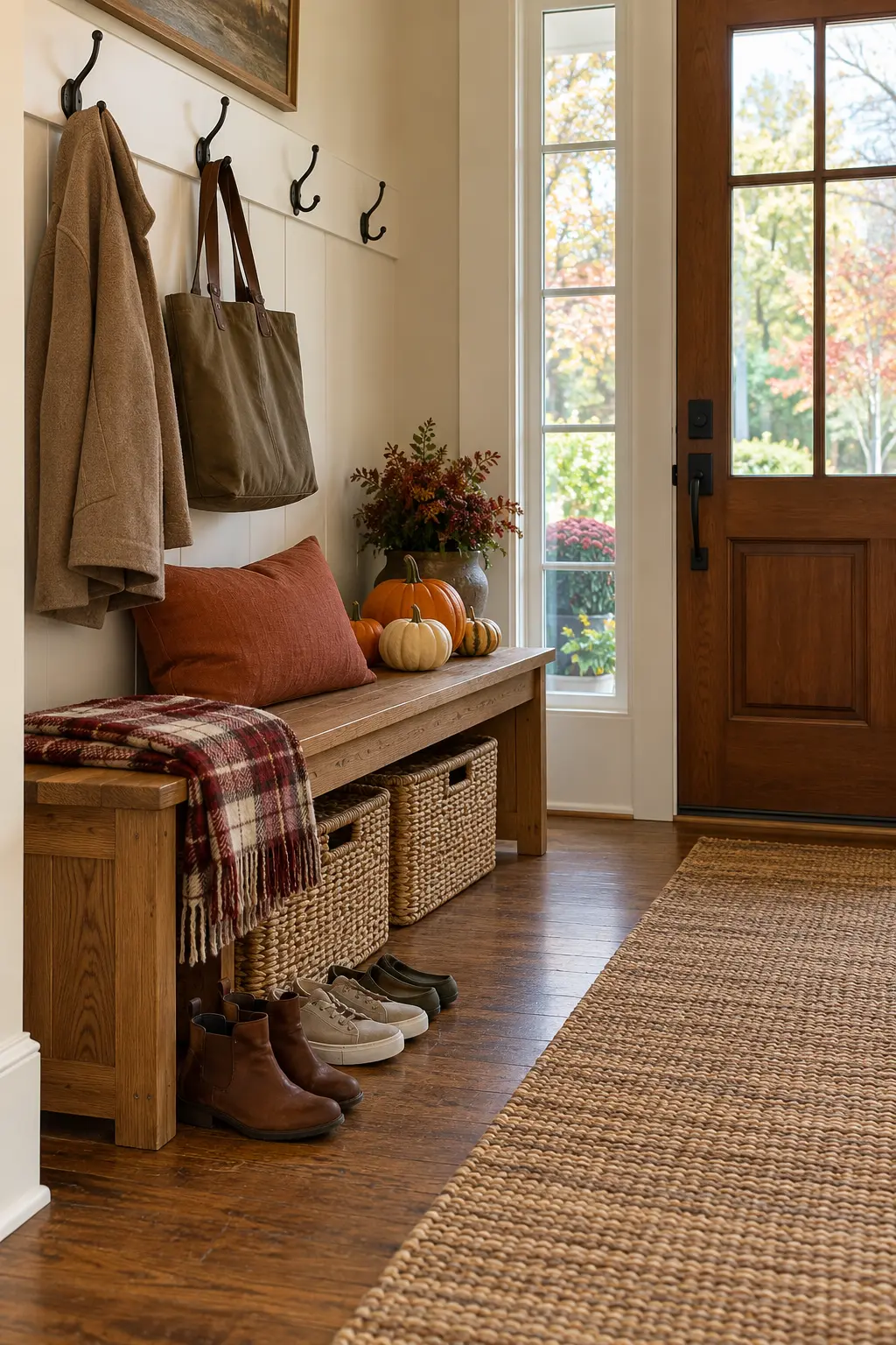 Entry bench styled with a plaid throw, rust cushion, hooks, and a small wreath