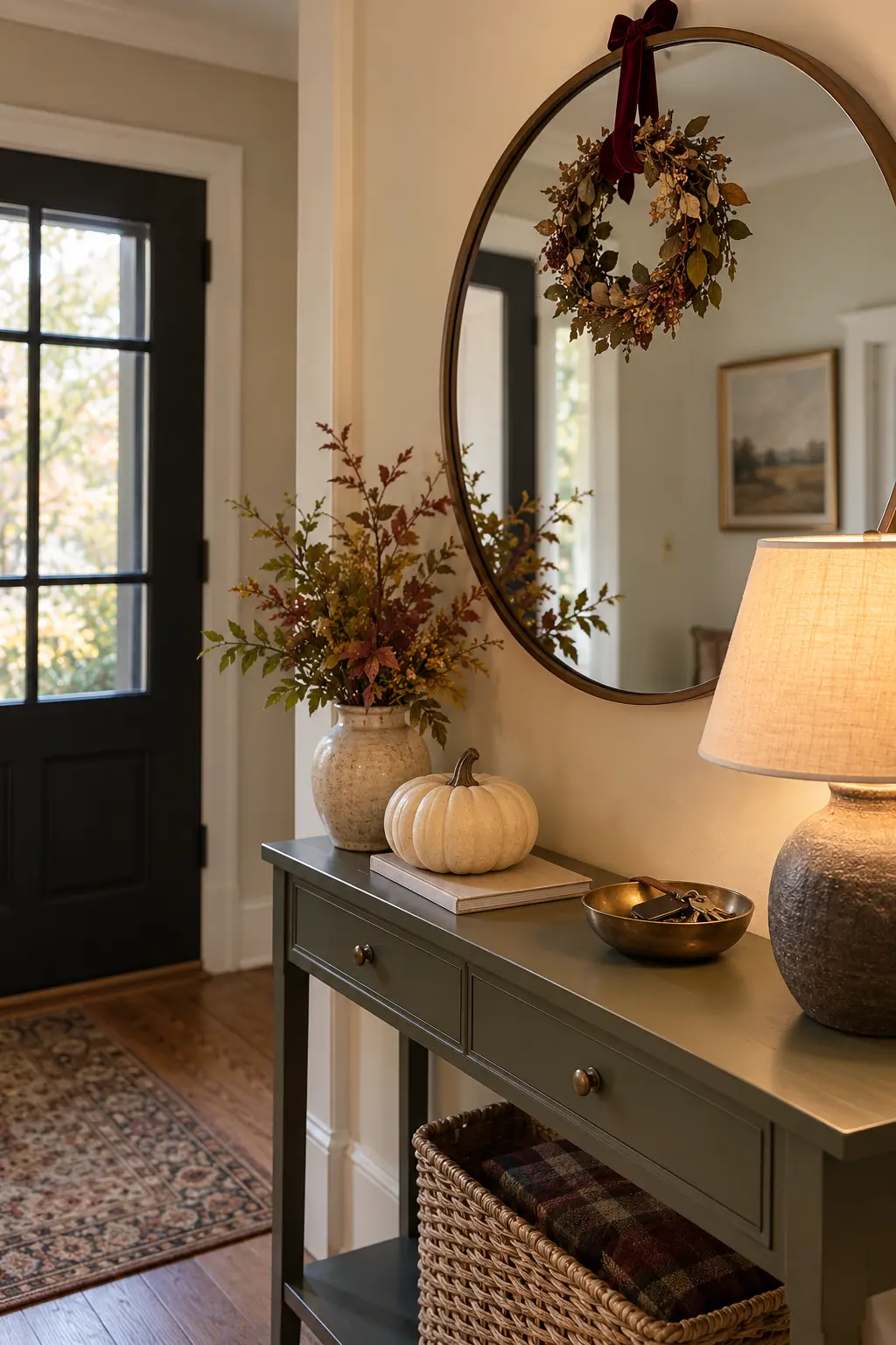 Black-door foyer with a round mirror, foliage wreath, pumpkins, and a narrow console