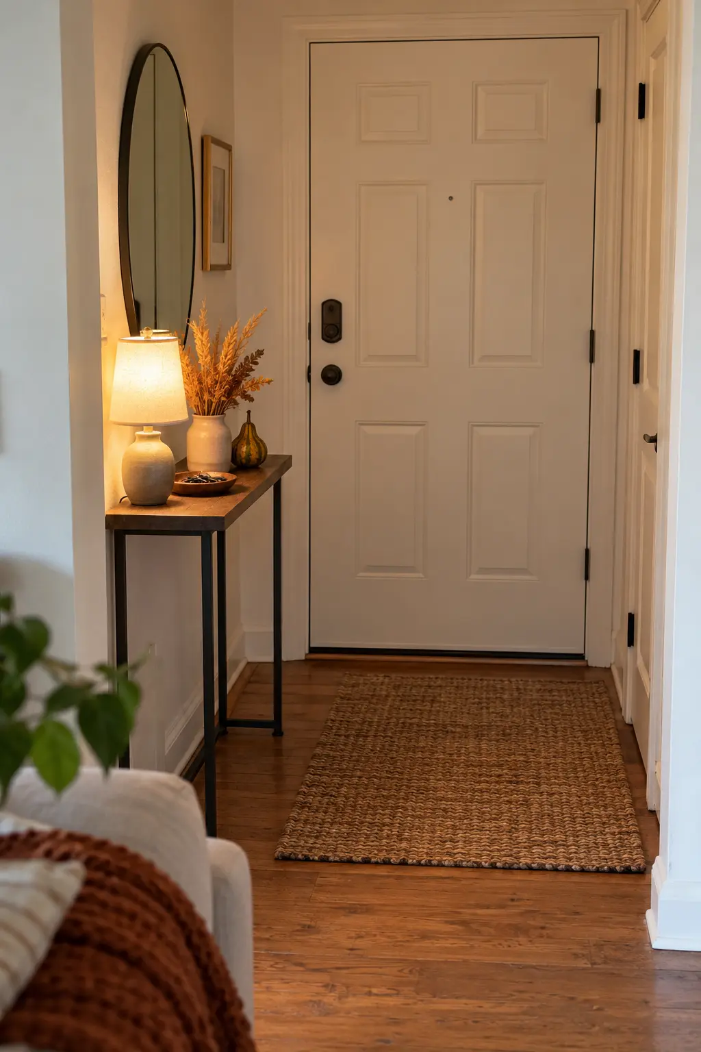 Neutral entryway with a clear front door, simple runner, lamp, and restrained pumpkin decor