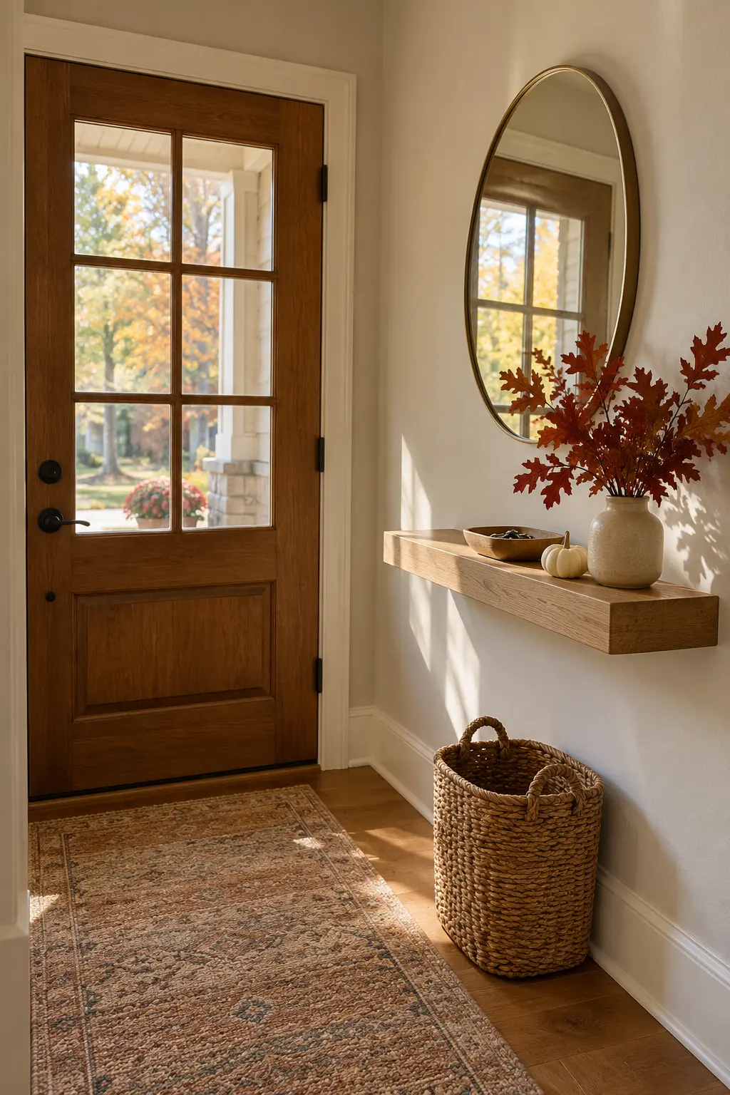 Wood front door with a floor basket, round mirror, branches, and small pumpkins