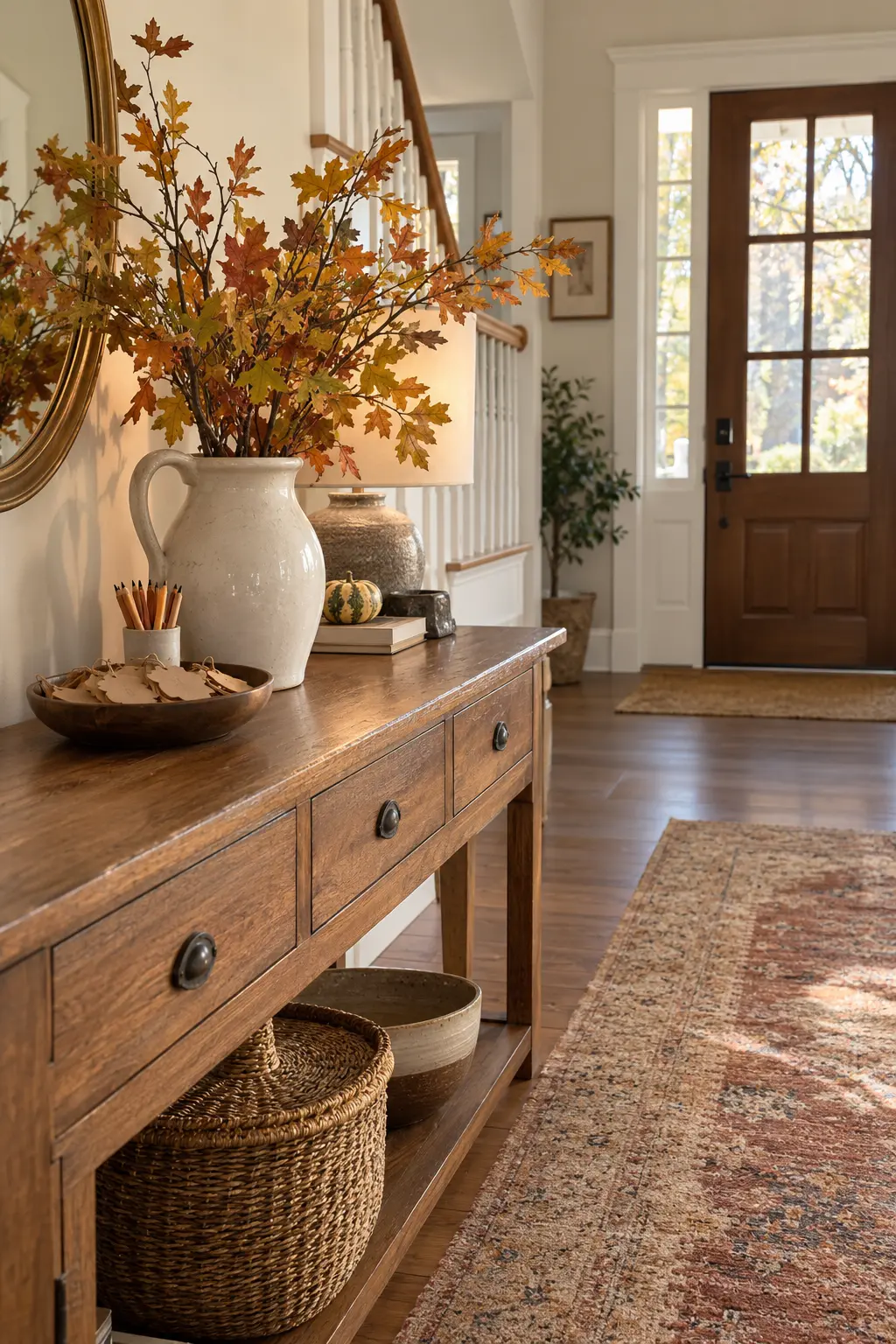 Wood console with matching woven baskets and a Thanksgiving branch arrangement