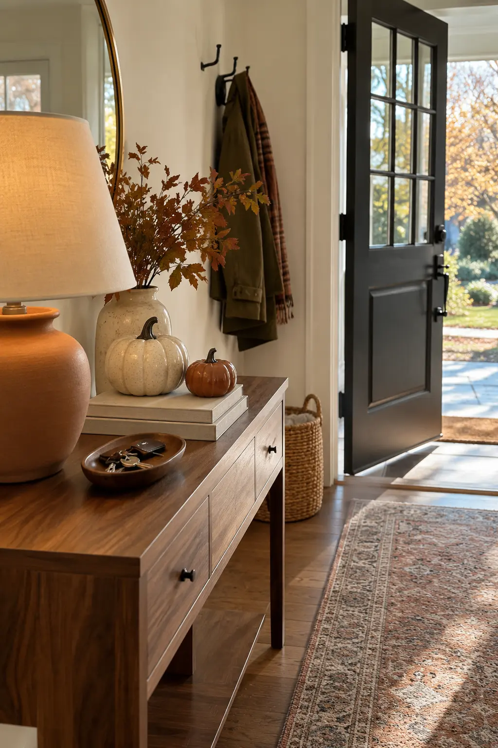 Light console with a warm table lamp, white pumpkins, and soft fall foliage