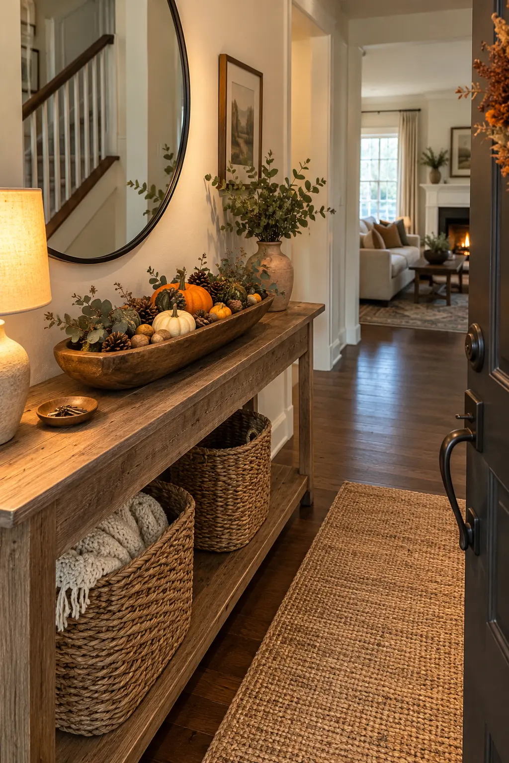 Long entry hallway with a vintage-style runner, console, baskets, and autumn branches
