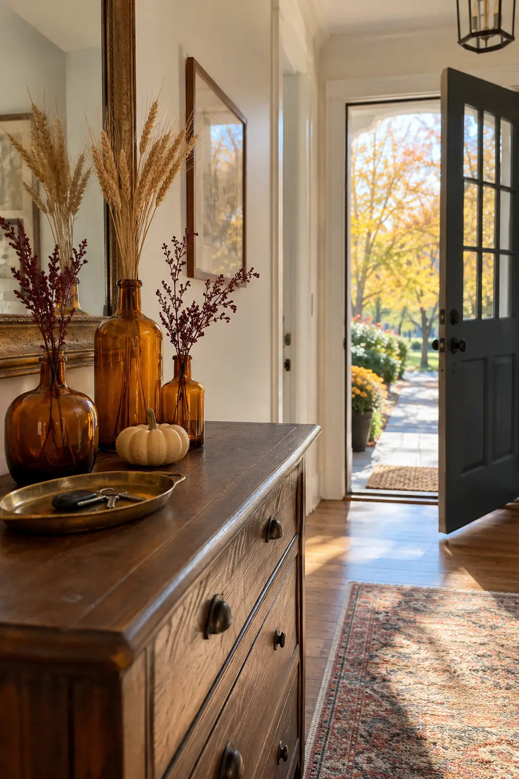 Entry console with a shallow harvest tray, fruit, pumpkins, and tall flowers