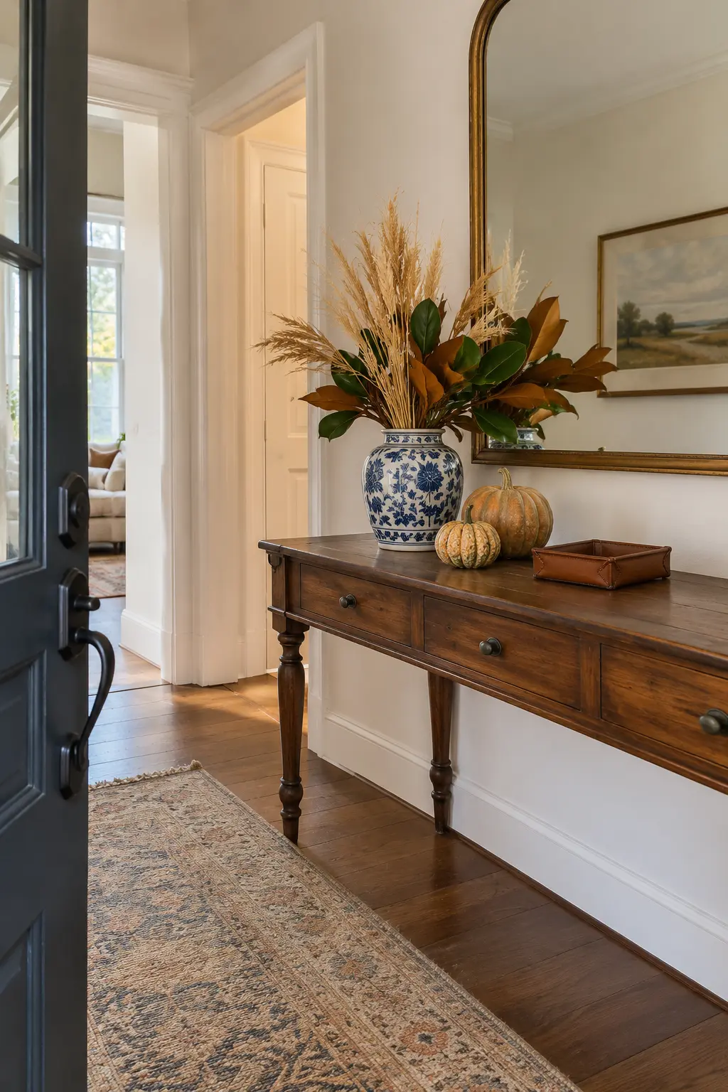 Thanksgiving foyer with an open dark door, console, runner, and autumn landscape outside