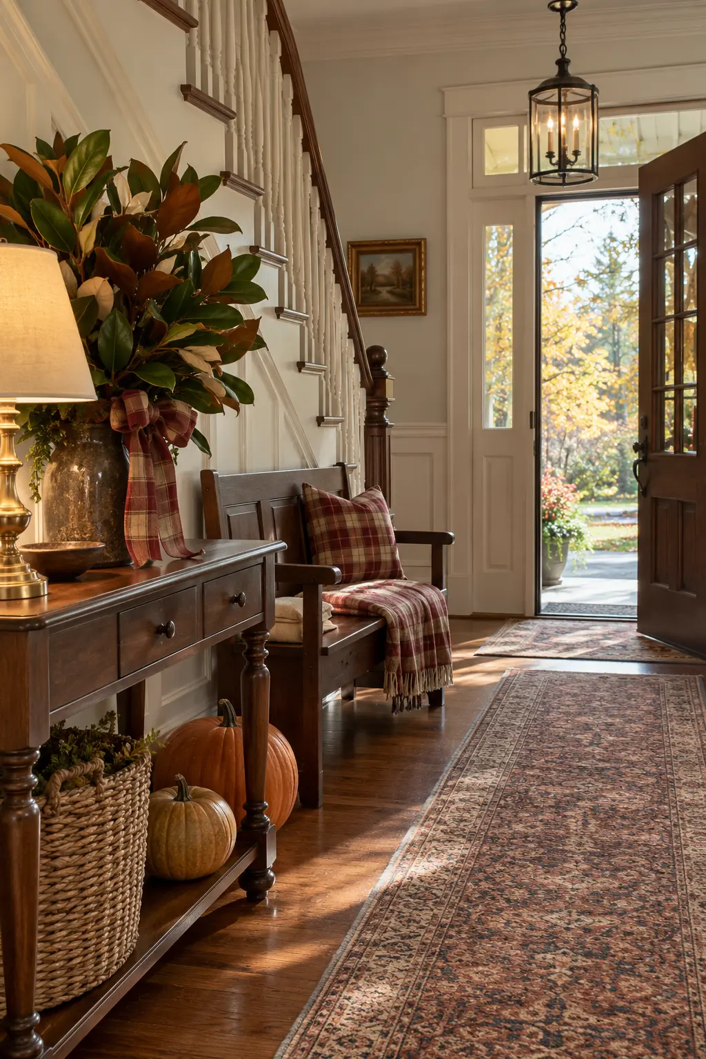 Neutral foyer with pale greenery, woven baskets, bench, and subtle fall accents