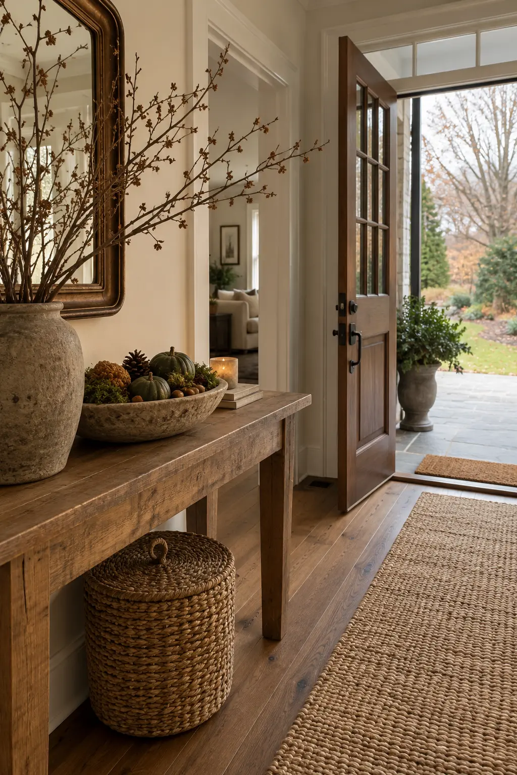 Long narrow foyer with a slim wood console, basket, runner, and autumn bouquet