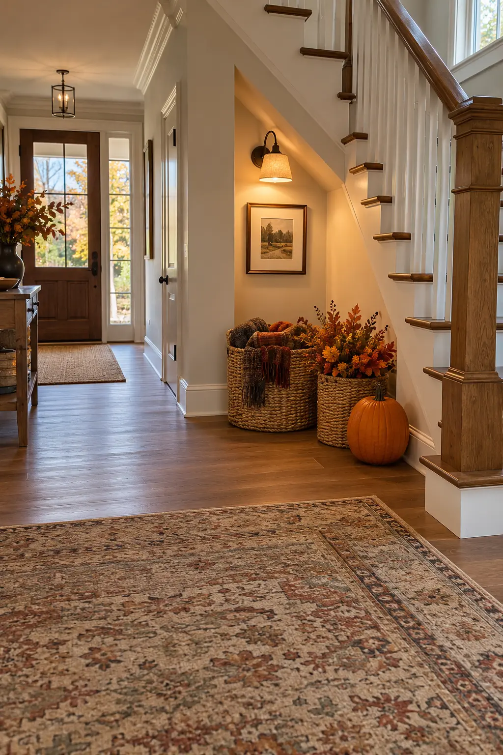 Thanksgiving stair landing with an autumn rug, branches, and a small pumpkin cluster