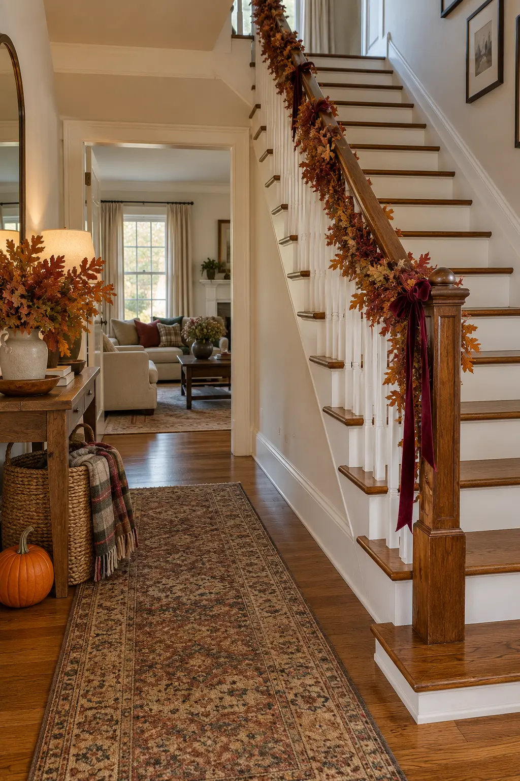 Entry staircase with a restrained rust leaf garland and Thanksgiving console decor