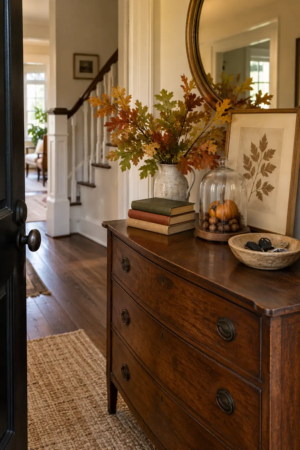 Wood entry dresser styled with stacked books, a ceramic pumpkin, and branches