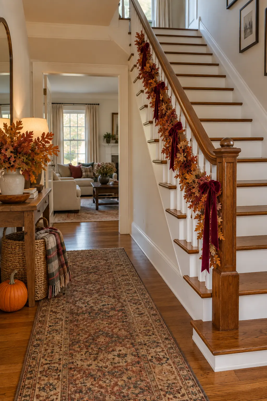 Entryway staircase with plaid textile, autumn garland, wood chest, and branches