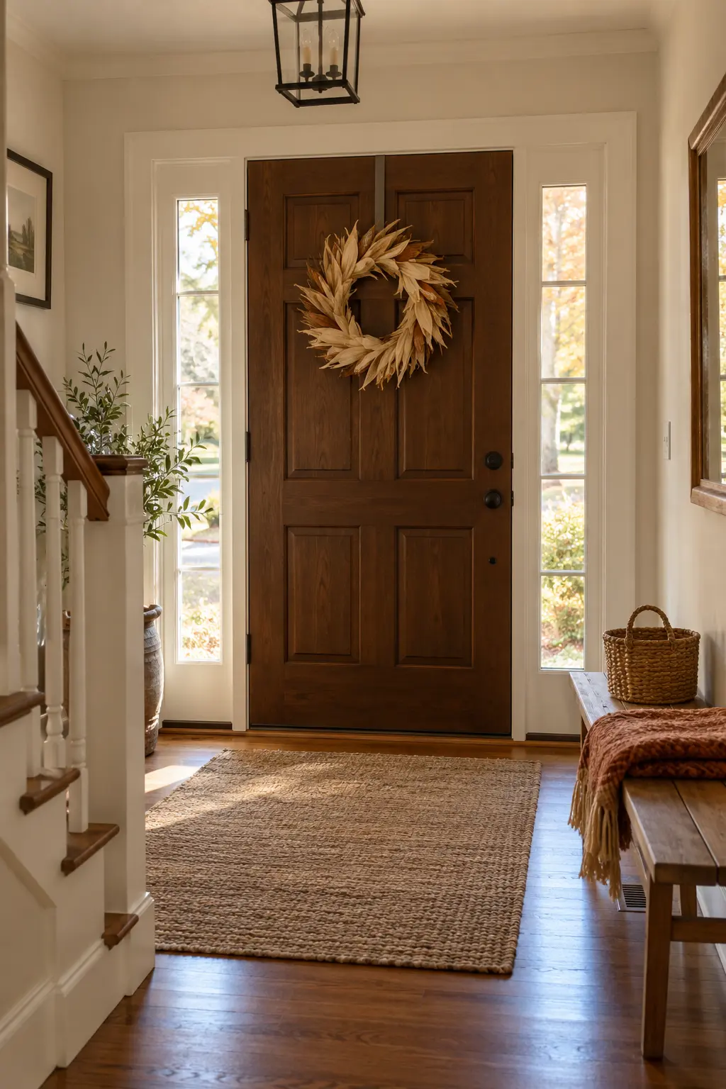 Dark wood front door with a natural wheat wreath and simple neutral entry decor