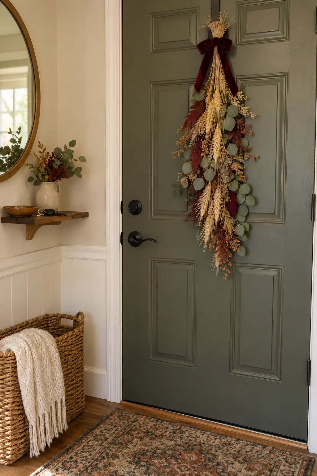 Green front door with a vertical dried-leaf swag and simple entry bench