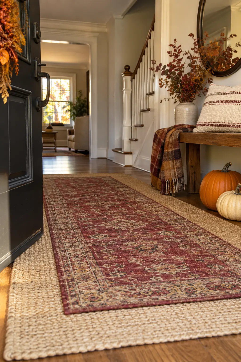 Narrow foyer with a vintage red runner, wood console, and Thanksgiving branches