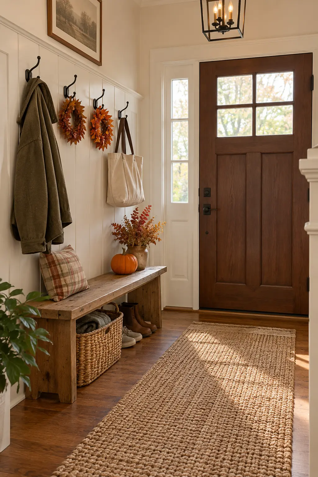 Entry bench with hooks, coats, baskets, a pumpkin, and autumn wall decor