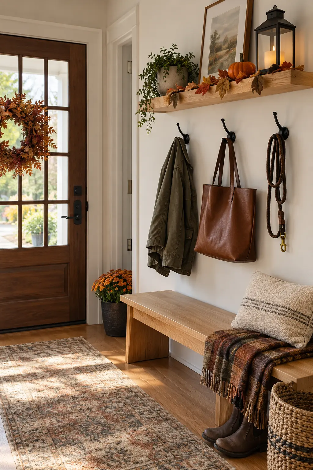 Built-in entry bench with wall hooks, plaid cushion, baskets, and fall accents