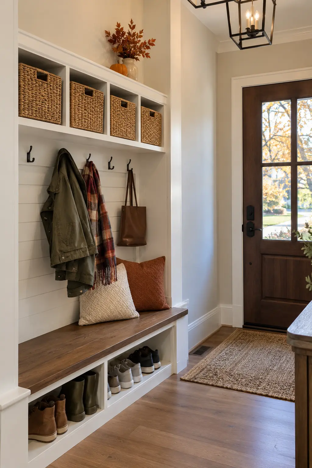 Organized entry cubbies with baskets, coats, bench seating, and restrained fall decor