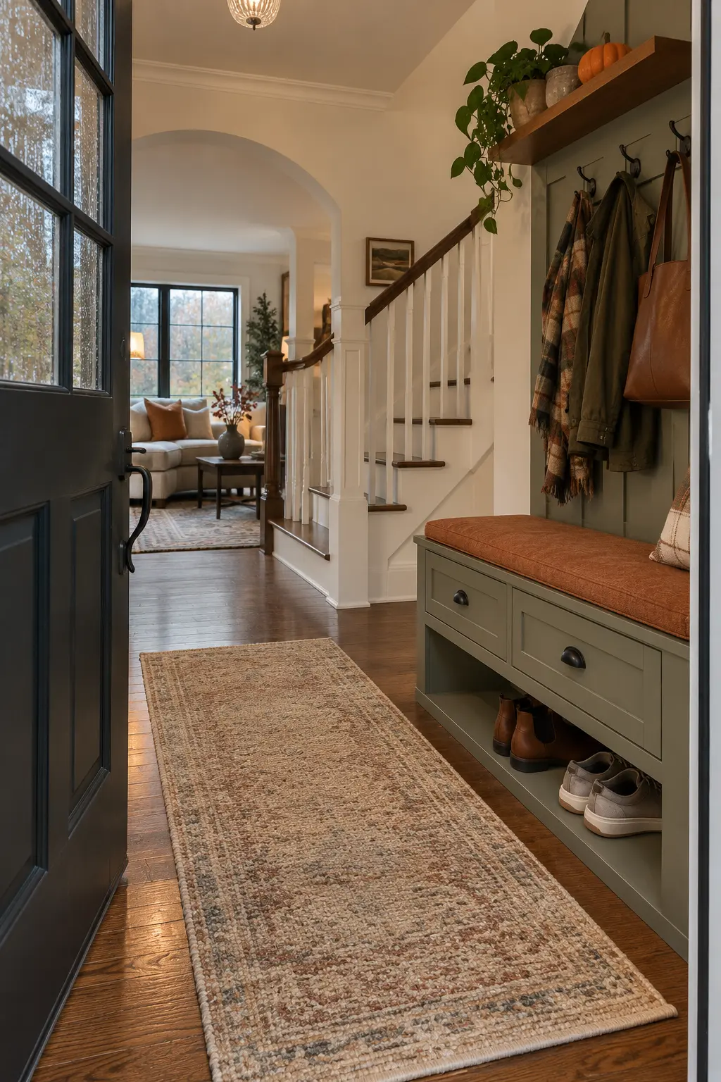 Slim entry storage bench beside a staircase with hooks and autumn foliage