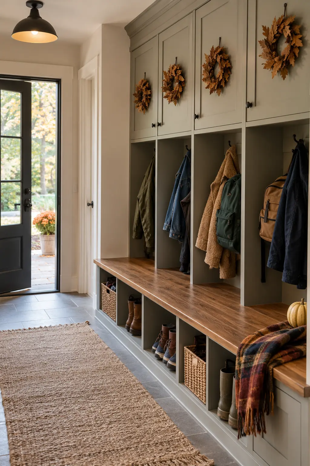 Entry cubbies topped with small matching fall wreaths and organized baskets