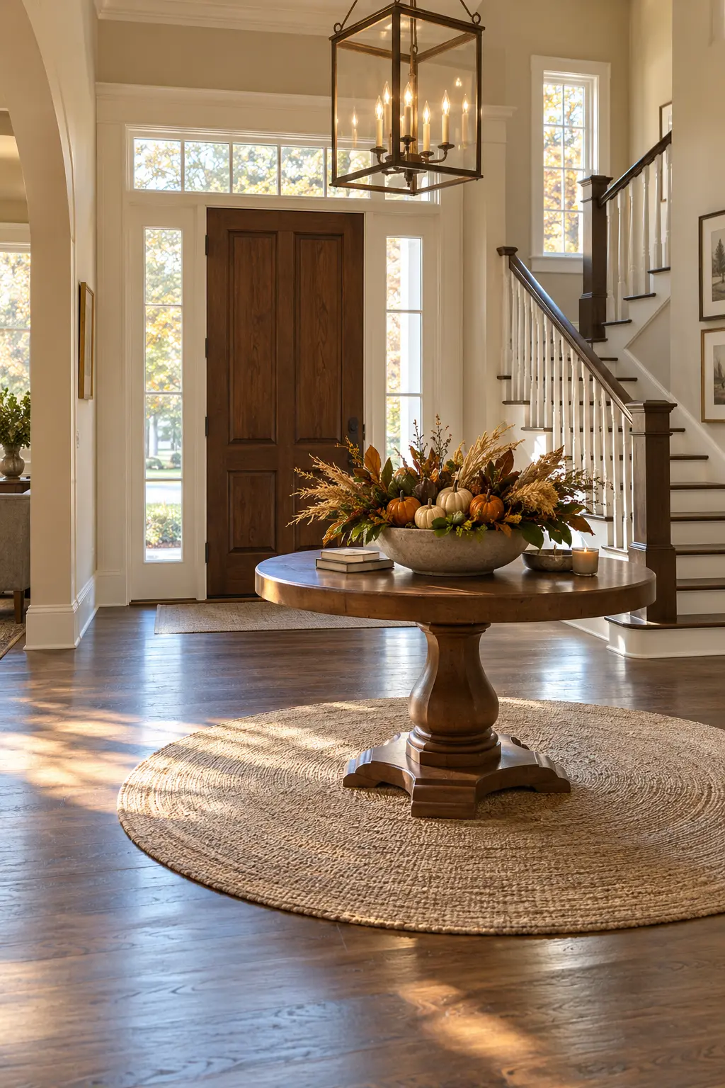 Large foyer with a round center table and low Thanksgiving floral arrangement