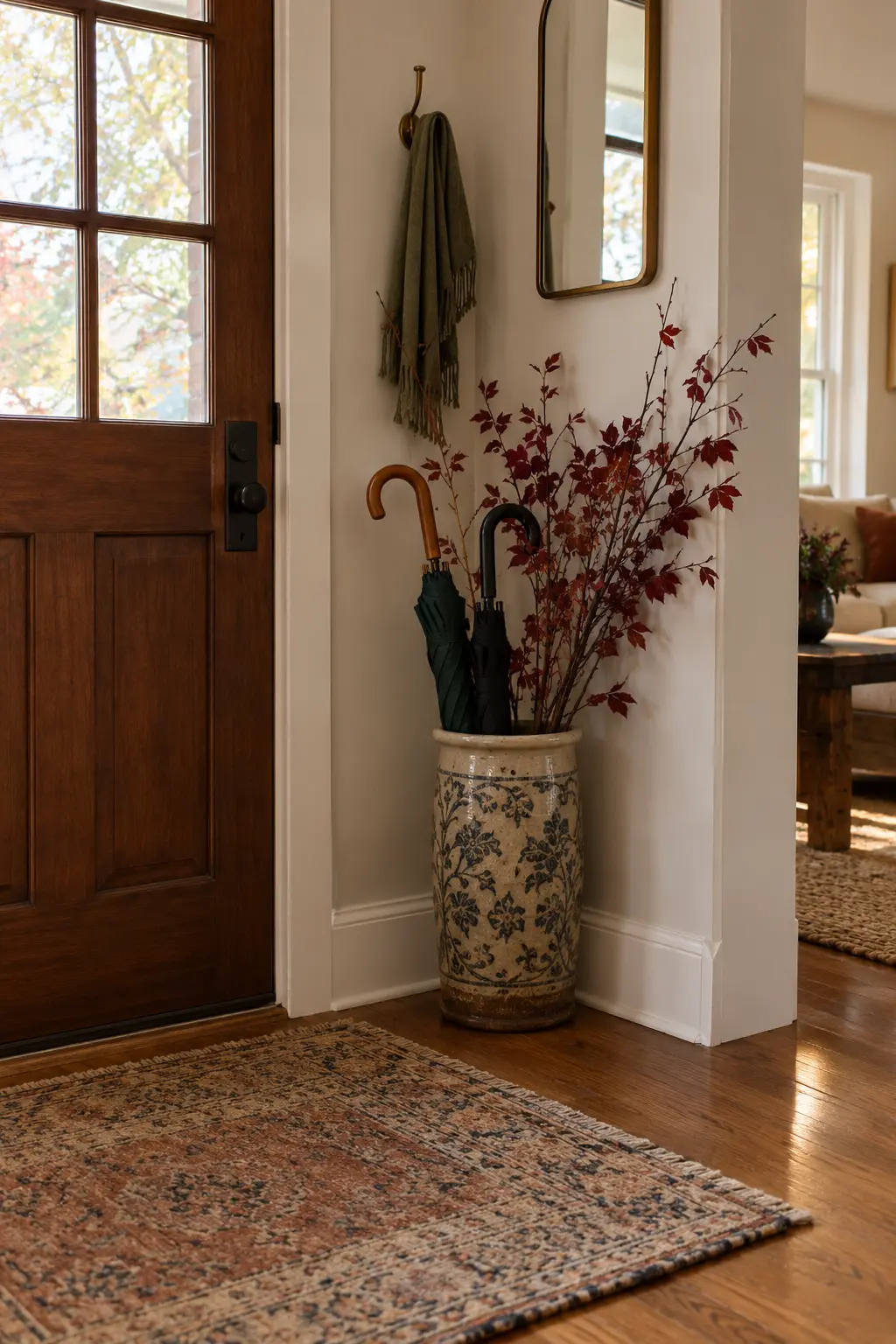 Entryway with a tall floor crock of branches beside the front door