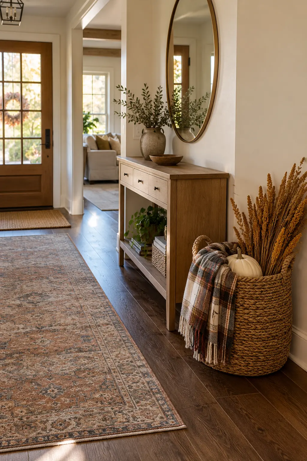 Green painted entry console with a woven basket, mirror, and autumn stems