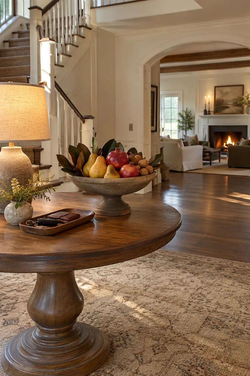 Round foyer table with a shallow bowl of pears, leaves, and small pumpkins