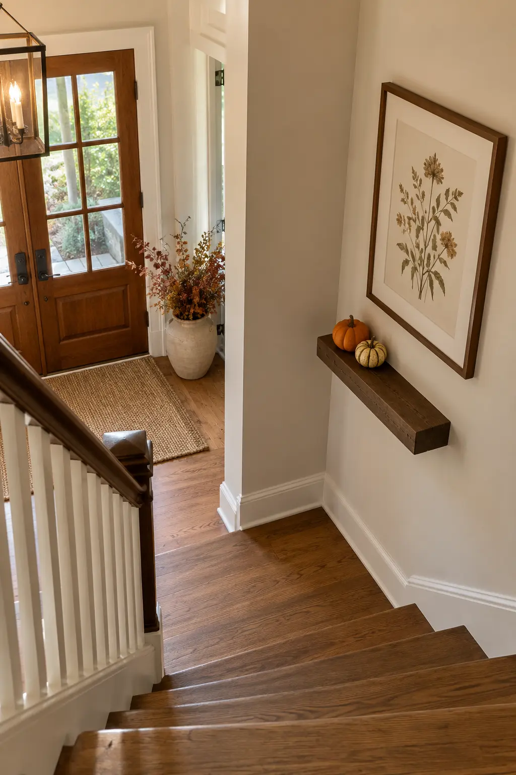 Compact entry wall ledge with framed art, a tiny wreath, and restrained autumn accents