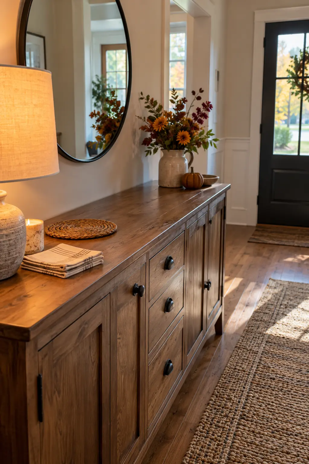 Long walnut console with a round mirror, rust branches, and a simple Thanksgiving vignette