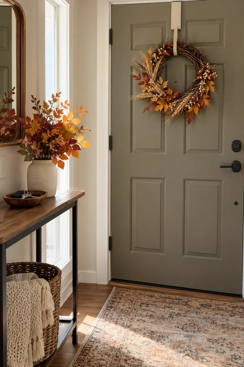 Entry door with a fall wreath, small wood stool, crock, and compact seasonal accents