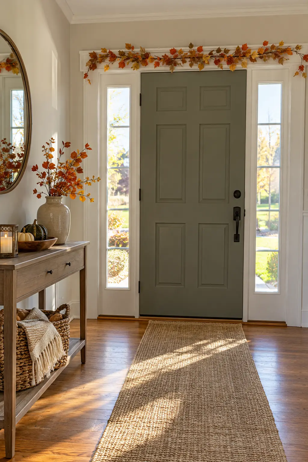 Pale painted front door with a wreath, wood console, baskets, and fall branches