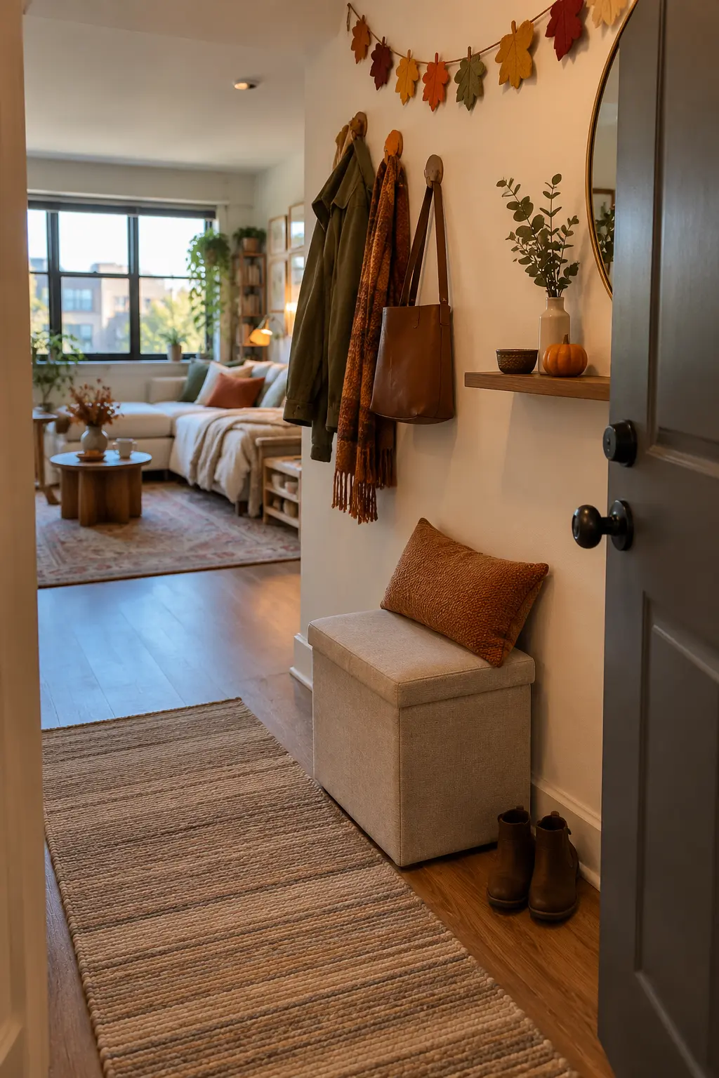 Small entry bench beneath a rust leaf garland with pillows and a basket