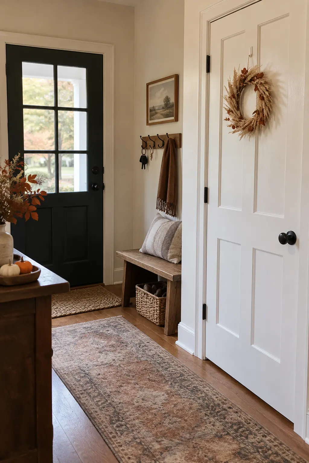Black front door with a narrow vintage runner layered over a natural entry mat