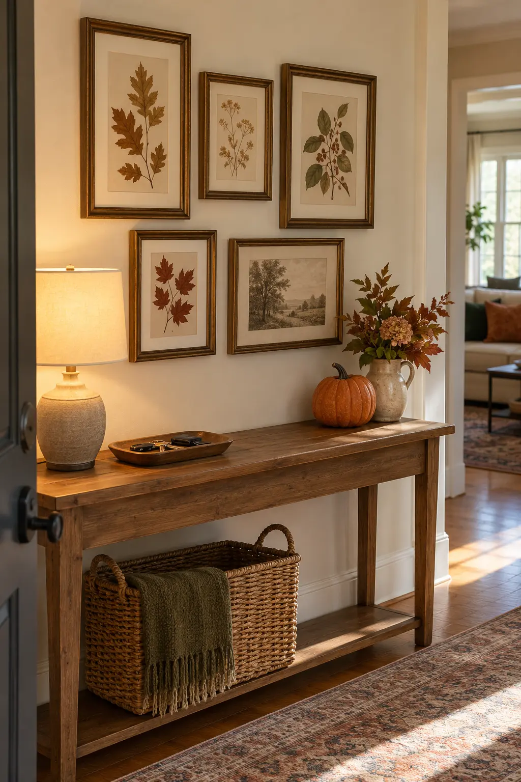 Entry console beneath a gallery wall of pressed botanical prints and autumn branches