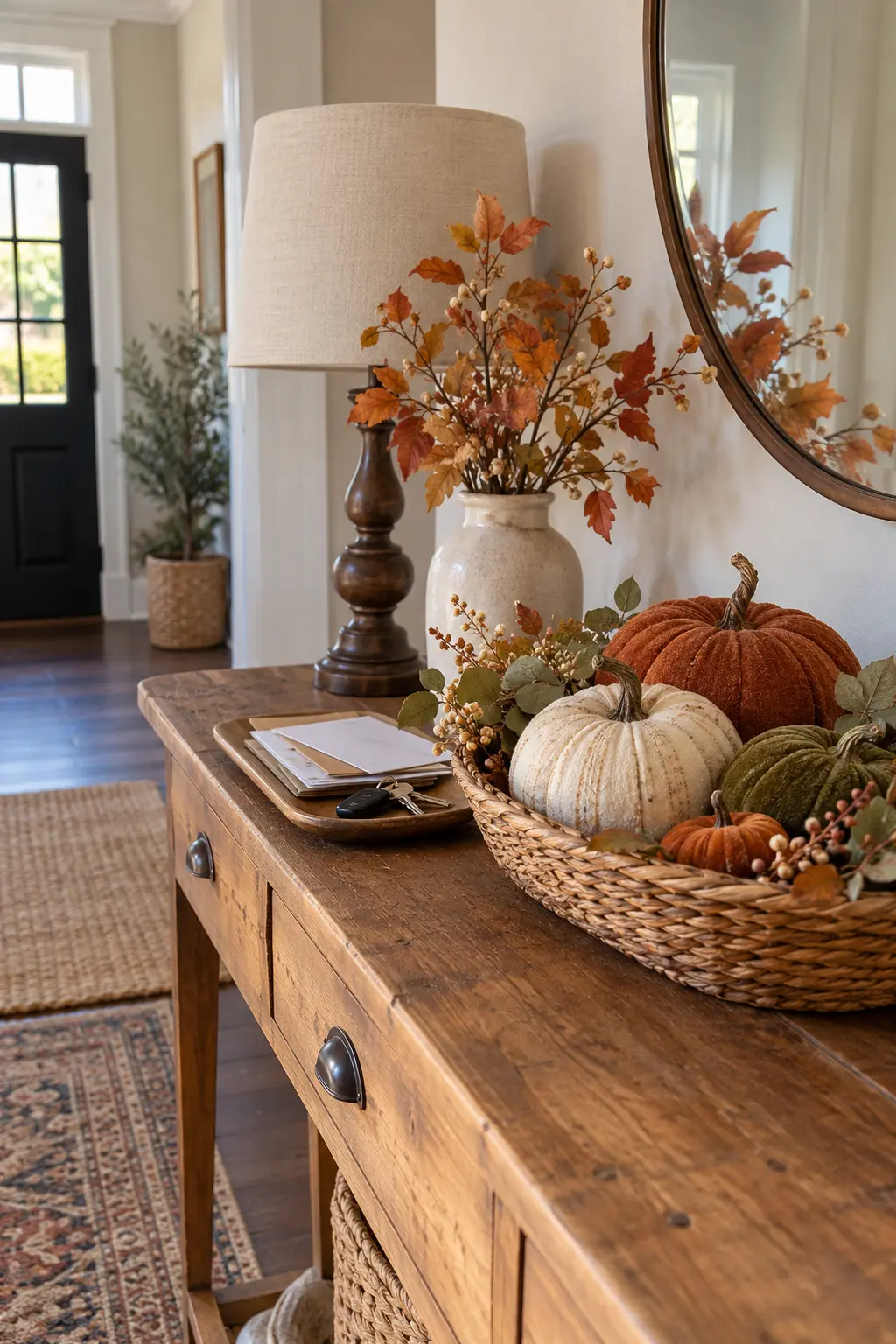Entry console with a woven basket tray holding pumpkins, branches, and a small bowl